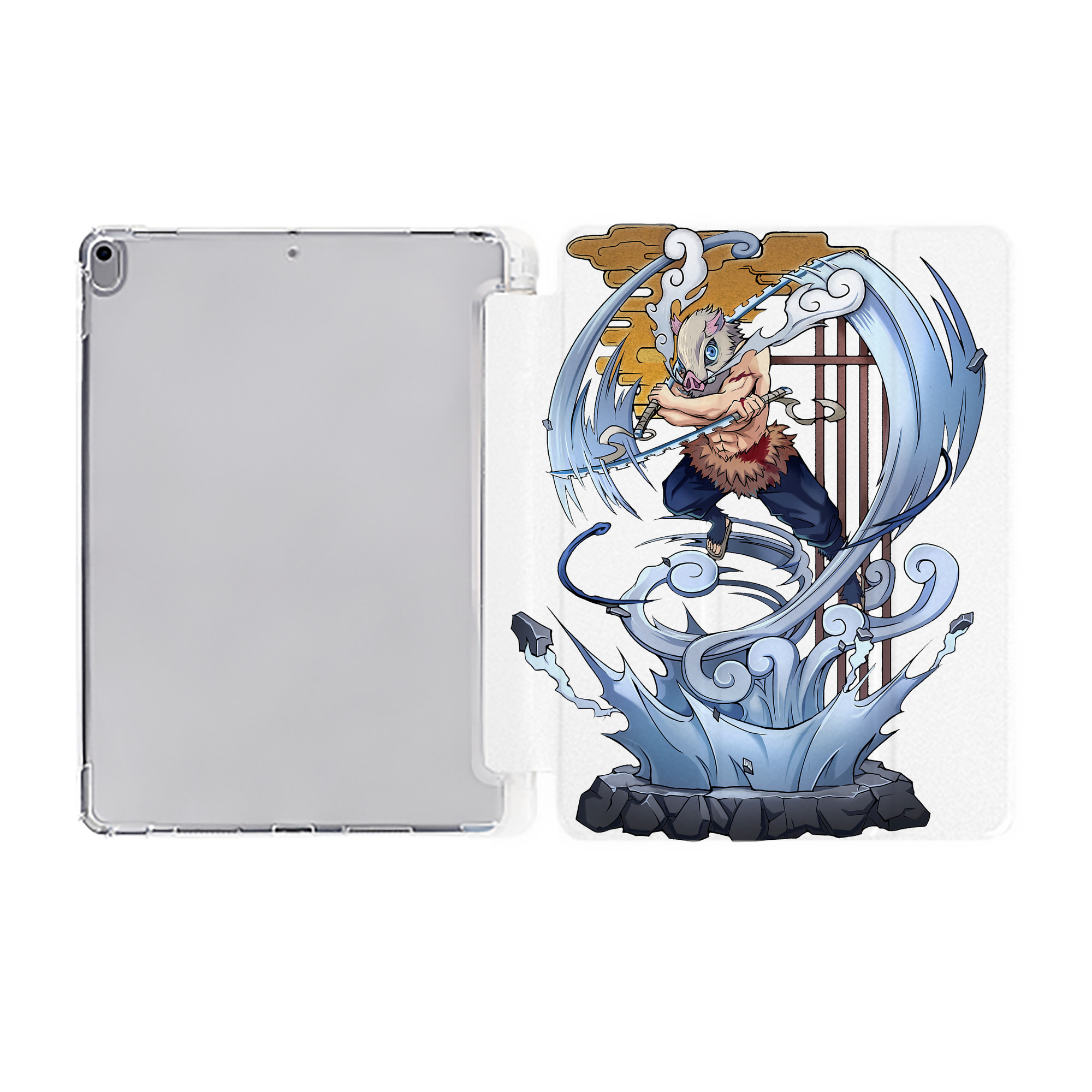 （画像用） 鬼滅の刃（きめつのやいば）嘴平 伊之助／はしびら いのすけ Hashibira Inosuke IPad ケース ペン収納付き 三つ折りスタンド PUレザー×シリコン 対応機種9.5/10.5/10.9インチ